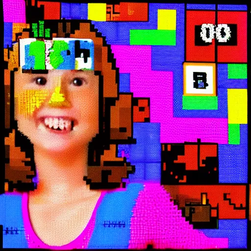 Prompt: y 2 k birthday party selfie, 6 4 x 6 4 dot matrix resolution, 8 bit digitized