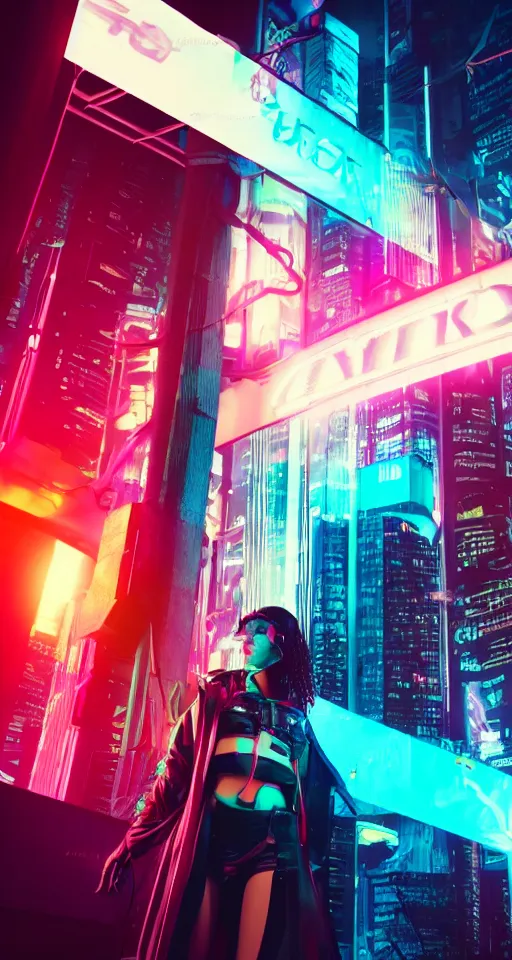 Image similar to cyberpunk women, neon lights, city, glow, sunset, retrowave style,