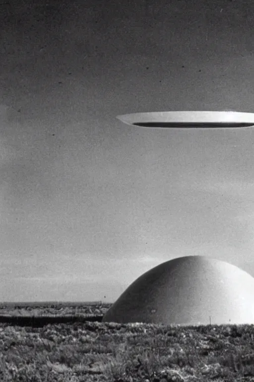 Prompt: still from vhs footage of ufo landing at military base
