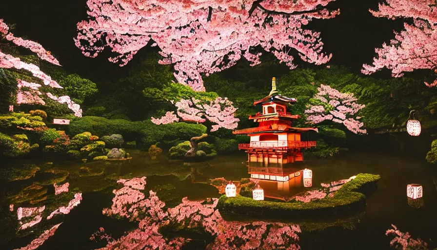 Image similar to 35mm film still of a very cozy and surreal magical Japanese temple mixed with a castle in a lush waterfall garden, cherry blossoms, epic large temple in the style of Gucci and Wes Anderson, photographed by Petra Collins, glowing lights and floating lanterns, foggy atmosphere, rainy, moody, muted colors, magic details, very detailed, 8k, cinematic look
