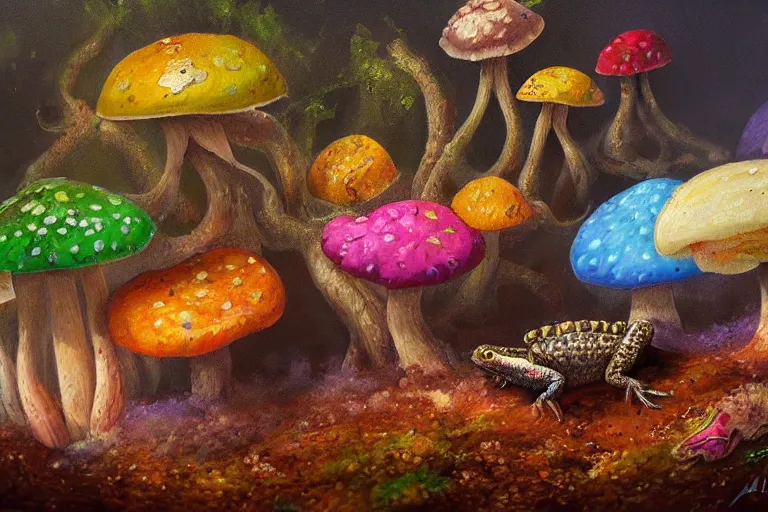 Image similar to highly detailed oil painting of a mushroom lizard in a steaming colorful hotspring, featured on artstation