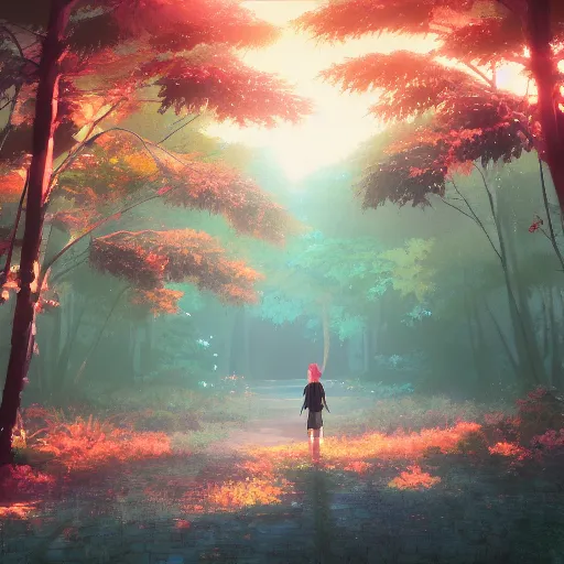 Image similar to Makoto Shinkai style, magic forest, lofi