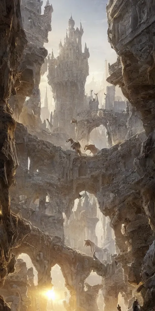 Prompt: a herd of goats!! climbing stairs in a beautiful fantasy castle made from white stone and bright copper, medieval city, metropolis, magic, tall towers, sunlight, white marble, god rays, digital art, landscape, fantasy art, octane render, unreal engine, high detail, very realistic, by greg rutkowski. by james gurney