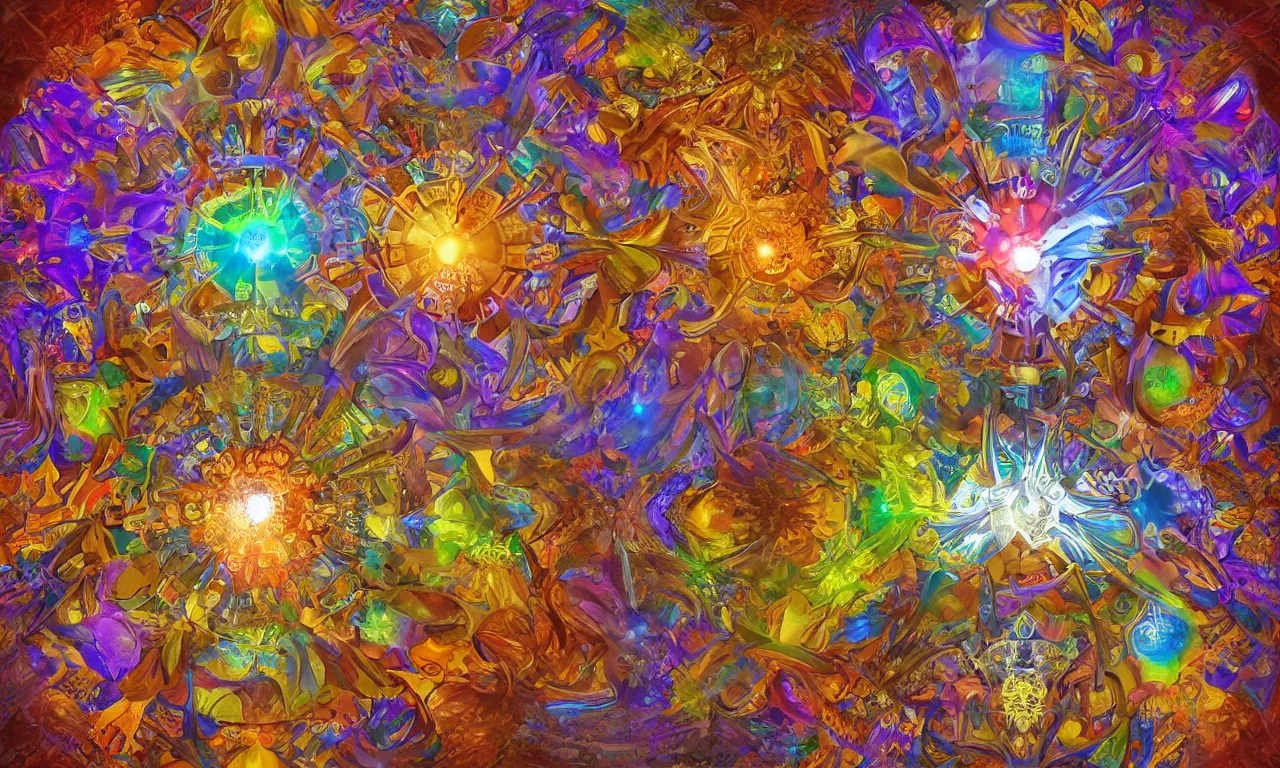 Image similar to voronoi engine laboratory 3 d volume kaleidoscope mandala fractal chakra digital multicolor stylized concept substance by artgerm, rossdraws, norman rockwell, magali villeneuve, gil elvgren, alberto vargas, earl moran, enoch bolles radiating a glowing aura global illumination ray tracing hdr