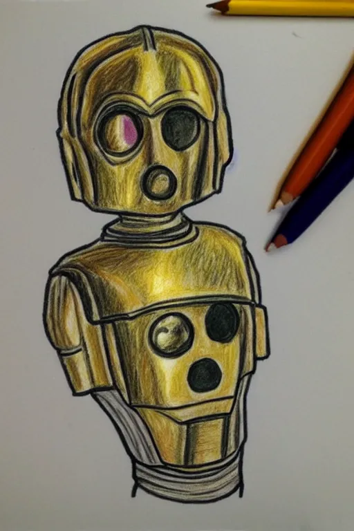 Prompt: child's drawing of c 3 po, crayon