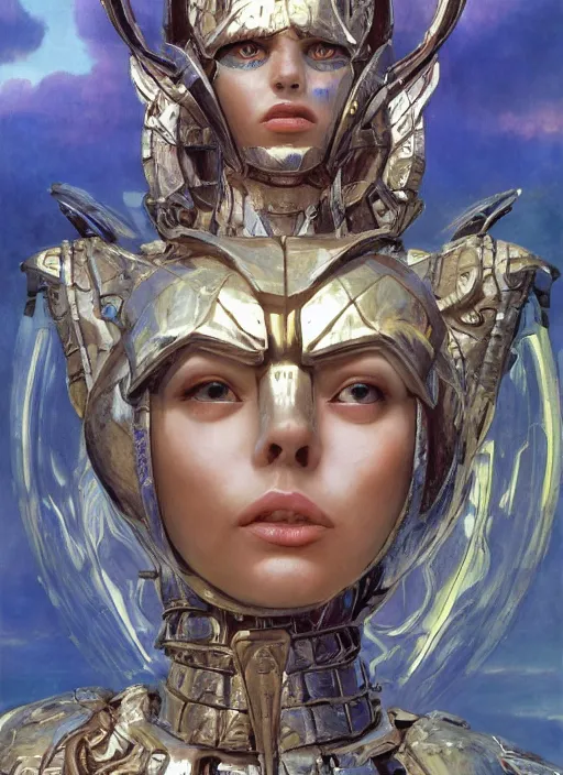 Image similar to biblical diabolical beautiful female valkyree android, shiny plastic armor, jump, heavy eyes to the side, closeup, bright glowing veins, in clouds, rain, sunset, portrait, by gerald brom, by mikhail vrubel, by peter elson, muted colors, extreme detail, reflections, trending on artstation, 8 k