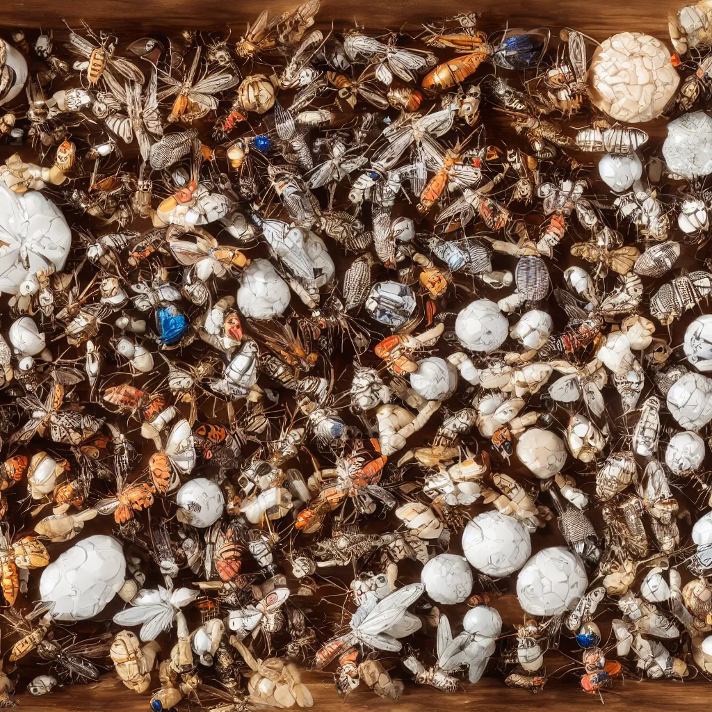Prompt: unusual insect collection, made of porcelain, in a wooden box. top down photo, macro photo. cinema 4d render , 8k