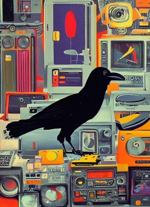 Image similar to a raven digging through 8 0 s era technology, vintage shapes, retro technology, happy color, wayne barlow, oil on canvas, deep depth of field, masterpiece, cinematic composition, hyperdetailed