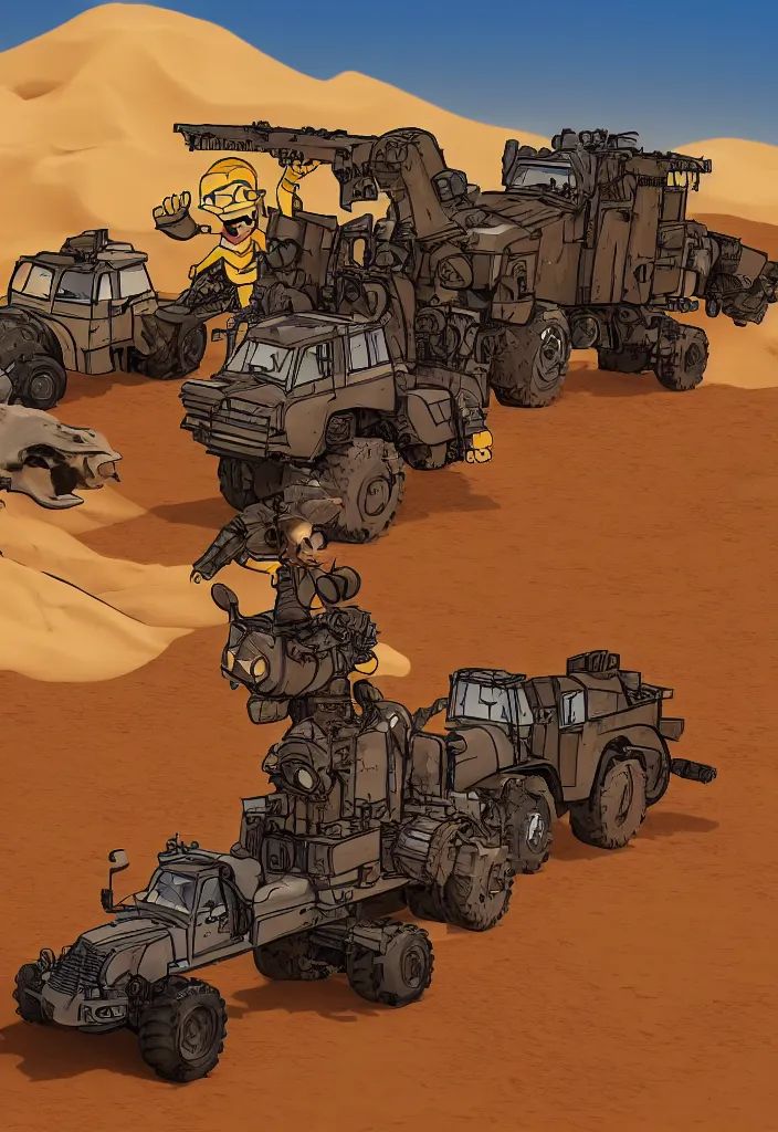 Prompt: Lisa Simpson riding Fury Road War Rig vehicle through the desert, borderlands 4k render