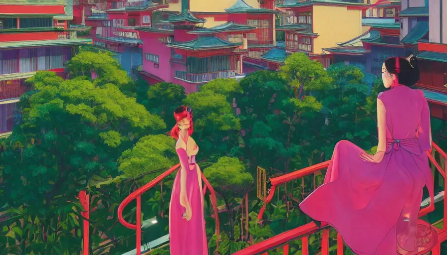 Prompt: a vibrant dream of a beautiful girl wearing gucci from behind on a balcony looking out over a fancy street in kyoto japan, lush plants, monorail, glowing paper lanterns, high fashion, magic details, by moebius, edward hopper, james gilleard, and james jean, hd, 8 k, trending on artstation, uhd,