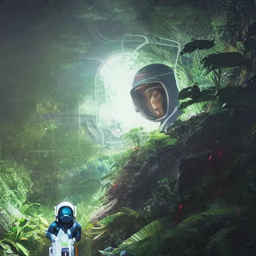 Image similar to view of a future cosmonaut with helmet having cybernetics and wirings exploring a jungle, tense situation, feeling of horror, trending on artstation, art by rossdraws and greg rutkowski, global illumination