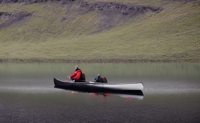 Prompt: canoeing through a lake in iceland, moody, cinematic, fpv, muted colors, glaciers, ice, water