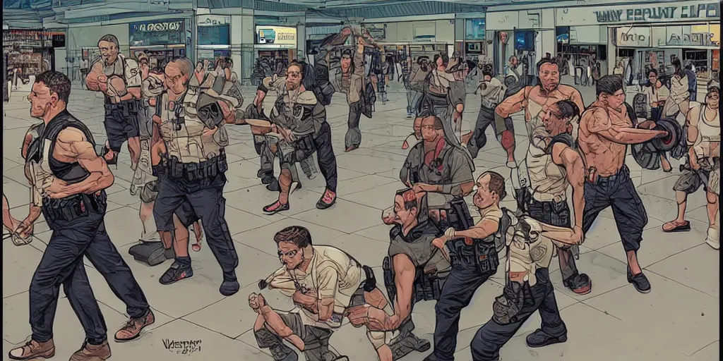 Prompt: Mall cops vs weightlifters. Epic painting by James Gurney and Laurie Greasley.