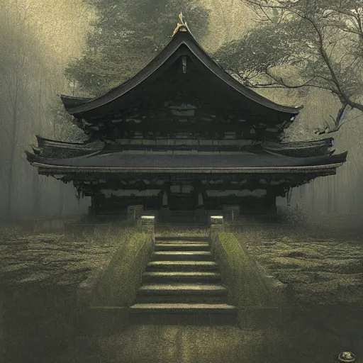 Image similar to japanese abandoned temple in the woods, dark, moody, foggy by Marc Simonetti