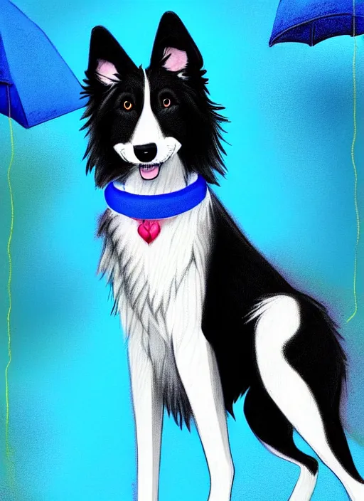 Prompt: full body digital painting of a cute male anthropomorphic border collie fursona wearing a blue dog collar and standing in the rain, furaffinity, beautiful, model pose, realistic proportions, highly detailed, scenic background, trending on artstation, art by charlie bowater and henry asencio and and ross tran