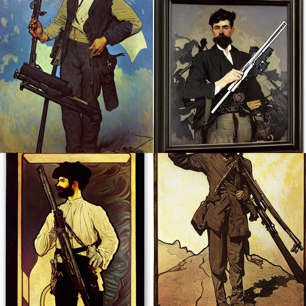 Prompt: epic portrait of John Brown holding a rifle in front of a billowing black flag, by Alphonse Mucha