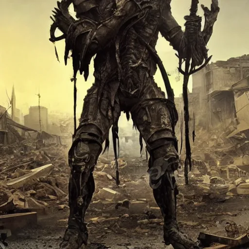 Prompt: a stunning dynamic pose full body of a ghoul wearing raider gear standing in the street of a destroyed city, intricate, 8 k highly professionally detailed, hdr, cgsociety, dark fantasy, dynamic lighting, cinematic, pristine, smooth, cosplay, elegant, sharp focus, art by alphonse mucha and greg rutkowski,