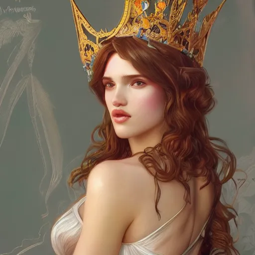 Prompt: ultra realistic illustration, bella thorne wearing princess crown, intricate, elegant, highly detailed, digital painting, artstation, concept art, smooth, sharp focus, illustration, art by artgerm and greg rutkowski and alphonse mucha