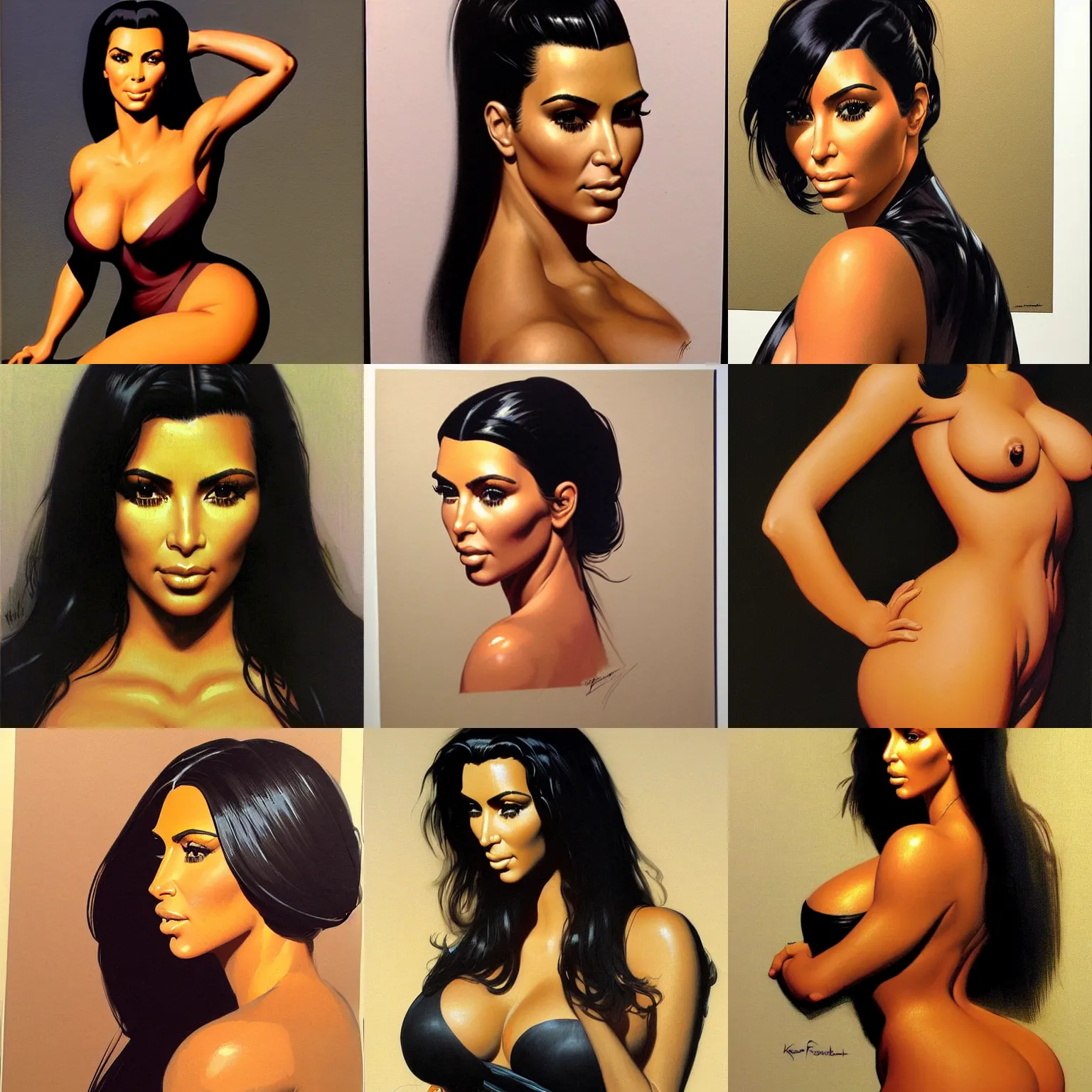 Prompt: detailed portrait of kim kardashian by syd mead, frank frazetta, ken kelly, simon bisley, richard corben, william - adolphe bouguereau