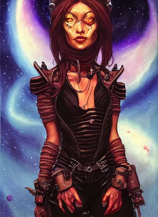 Image similar to portrait of female space pirate, night sky background, beautiful! coherent! by brom, deep color, strong line, high contrast