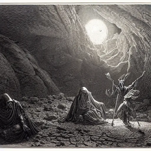 Image similar to etching by Franklin Booth and Gustav Doré showing frightened sorcerer in the desert by night, surrounded by nightmares in the shadows, mystic athmosphere, by Greg Rutkowski, deformed rocks, snakes, scorpions, UHD, 8K,