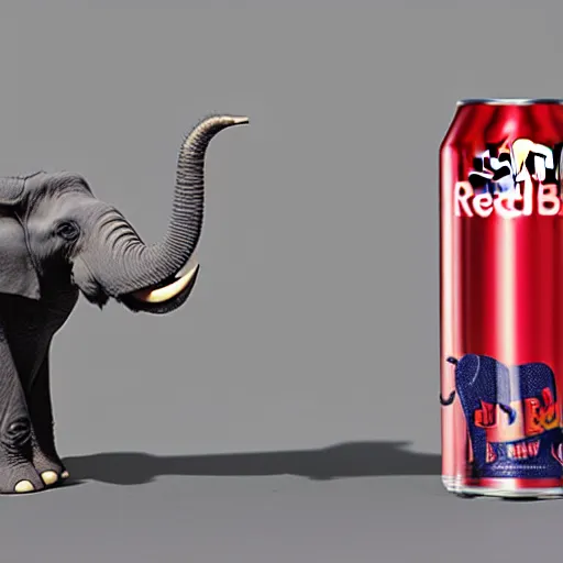 Image similar to product photography, a can of red bull on a table, an elephant is behind drinking the red bull through a straw