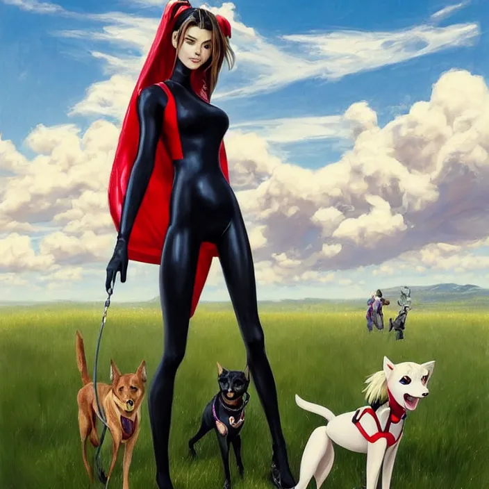 Image similar to full body portrait of a combination of Ashley Greene, Victoria Justice and Adriana Dxim, Grace Kelly and Lily Collins with blonde hair wearing a Plugsuit from Neon Genesis Evangelion and walking dogs, countryside, calm, fantasy character portrait, dynamic pose, above view, sunny day, thunder clouds in the sky, artwork by Jeremy Lipkin and Giuseppe Dangelico Pino and Michael Garmash and Rob Rey and Greg Manchess and Huang Guangjian, very coherent asymmetrical artwork, sharp edges, perfect face, simple form, 100mm