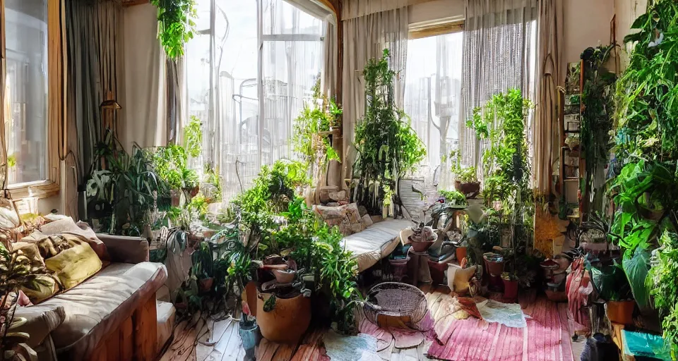 Image similar to a cozy appartment with an overgrown balcony, studio Ghibli style, golden hour