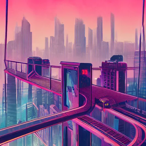 Image similar to a man standing on top of a bridge over a city, cyberpunk art by vincent lefevre, behance contest winner, altermodern, cityscape, synthwave, matte painting, - w 7 6 8