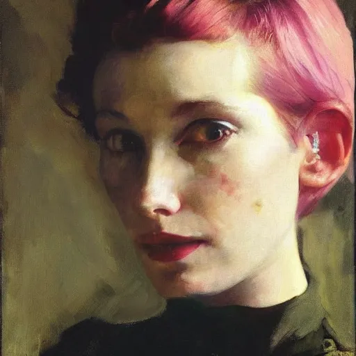 Image similar to A stunning masterful portrait of a striking cryptopunk woman with short pink hair and high cheek bones by Andrew Wyeth, John Singer Sargent, and Norman Rockwell, natural light, oil painting, ethereal, earth tones, strong brushwork