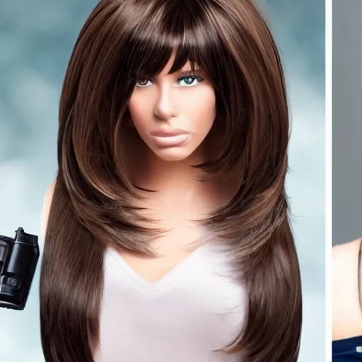 Image similar to a dslr camera with a brunette wig, hyperrealistic