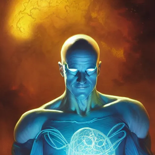 Prompt: dr manhattan, watchmen, dim light, front game card, marvel comics, dark, intricate, highly detailed, smooth, artstation, digital illustration by ruan jia and mandy jurgens and artgerm and wayne barlowe and greg rutkowski and zdislaw beksinski, and adi granov