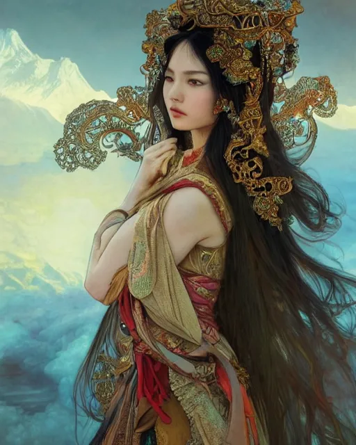 Image similar to a beautiful intricate exquisite imaginative exciting northern close up portrait of an asian sorceress sitting with elegant looks, flowing robe, ornate and flowing, intricate and soft by ruan jia, tom bagshaw, alphonse mucha, krenz cushart, beautiful chinese architectural ruins in the background, epic sky, vray render, artstation, deviantart, pinterest, 5 0 0 px models