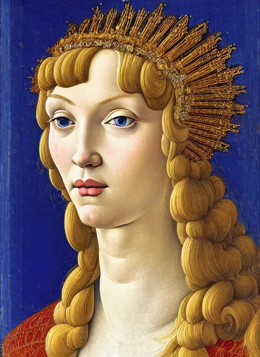 Prompt: portrait of young woman in medieval dress and medieval headdress, blue eyes and blond hair, style by the sandro botticelli