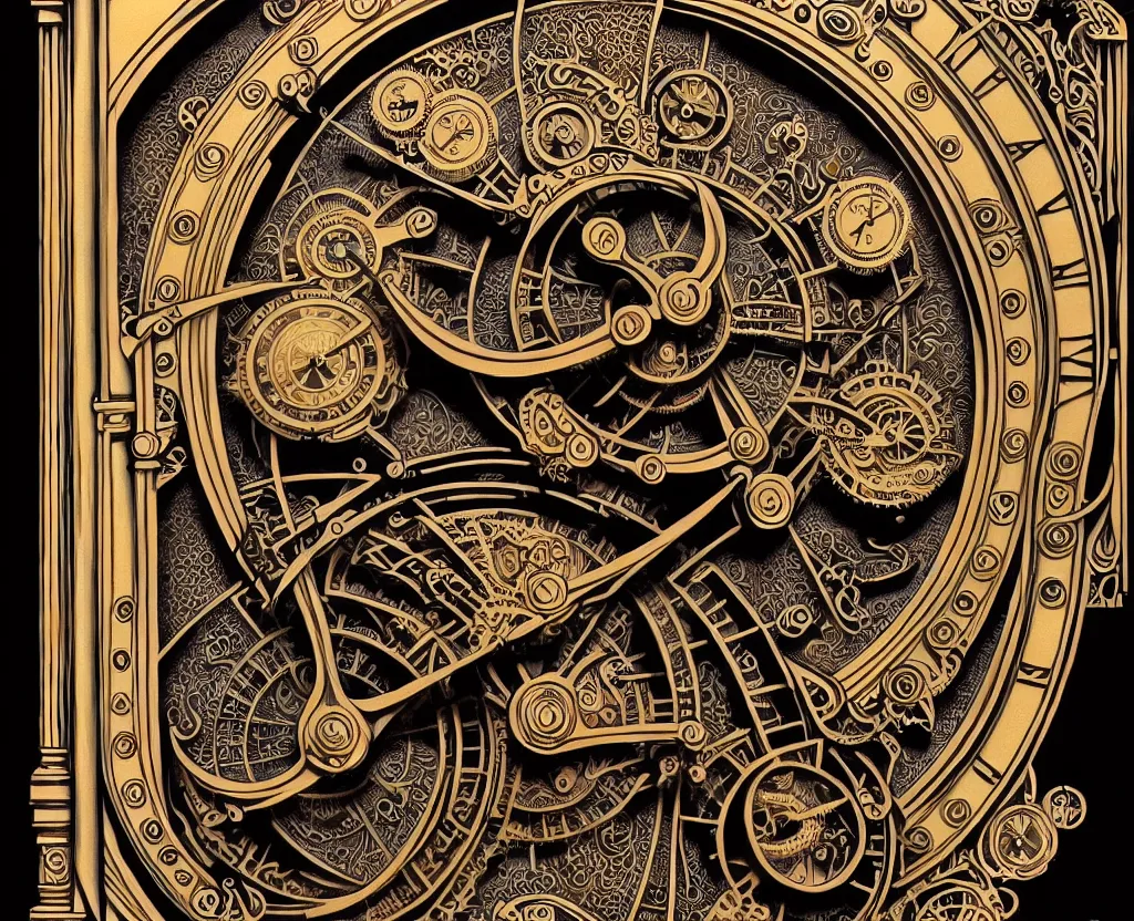 Prompt: ornate steampunk grandfather clock, high details, intricately detailed, by vincent di fate, inking, lineart, 3 color screen print, masterpiece, trending on artstation,, sharp, details, hyper - detailed, hd, 4 k, 8 k
