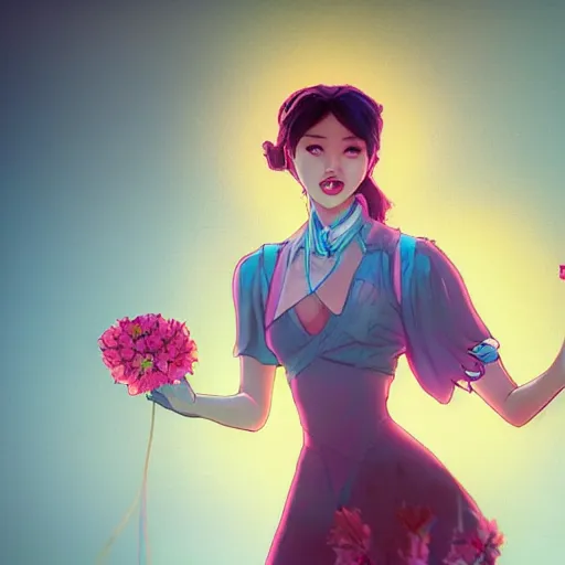 Prompt: portrait of hong jin - young, smiling with flowers in hands. sharp focus, cinematic pose, cinematic lighting, unreal engine render. art by josan gonzales and moebius and deathburger.