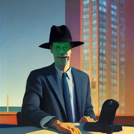 Prompt: Portrait of mr. detective wearing a business suit , very coherent, painted by Edward Hopper, Wayne Barlowe, painted by James Gilleard, airbrush, art by JamesJean