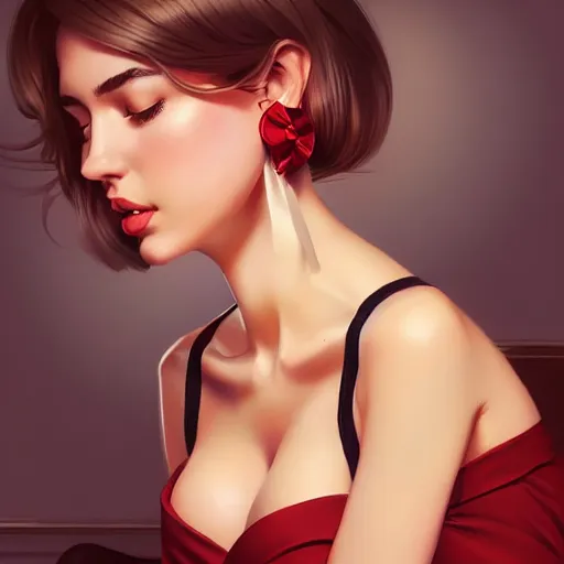 Prompt: sexy girl in a low cut blouse and short skirt, seductive pose, shoulder-length hair, ribbon in her hair, earrings, sitting on a bed. highly detailed, digital painting, in the style of artgerm and ilya kuvshinov, high definition digital art