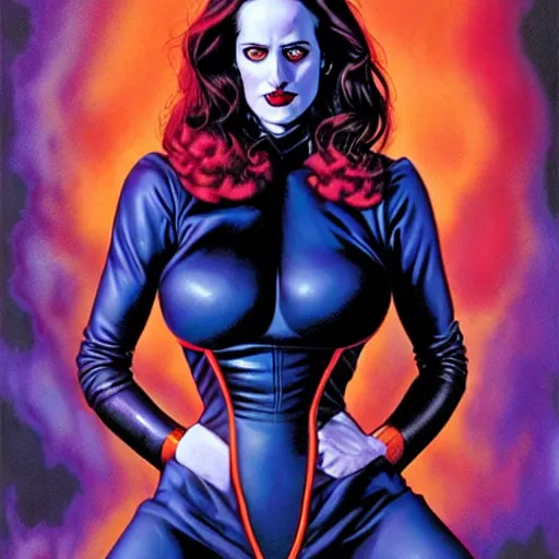 Image similar to Joe Jusko comic art, wide shot, stunning elegant female Eva Green, Indigo Magician, beautiful evil sneer, symmetrical face, symmetrical eyes, leather clothing and boots, long straight red hair, full body, Indigo occult pattern