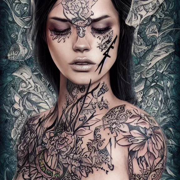 Prompt: Adriana Chechikcovered in floral tattoos and wicca runes , D&D, fantasy, highly detailed, digital art, trending on artstation, smooth, sharp focus, illustration, art by Peter Tang and artgem