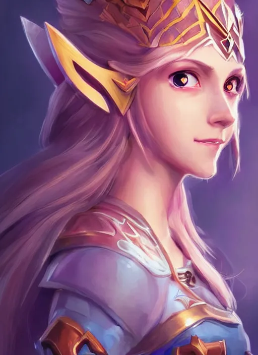 Image similar to beautiful portrait of a gorgeous knight who looks like Princess Zelda , character design by Ross Tran, detailed, soft lighting