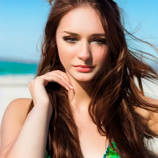 Prompt: A cute and beautiful young woman with long shiny bronze brown hair and green eyes, 8k, natural lighting, beach background, medium shot, mid-shot,