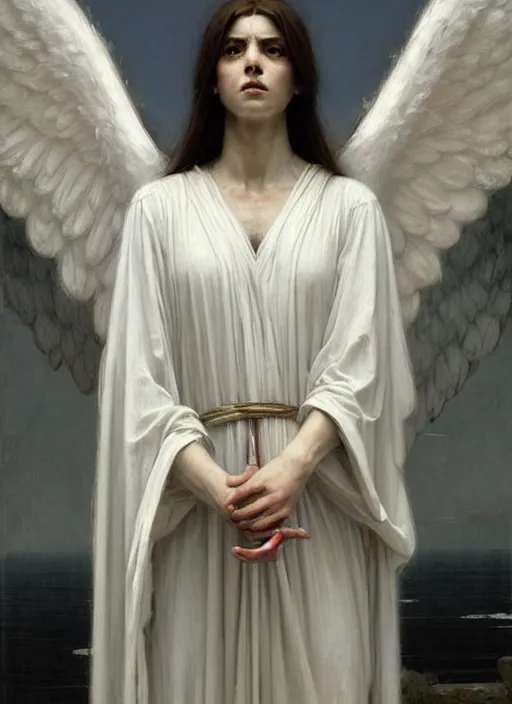 Image similar to portrait of angel in white robes. realistic shaded lighting poster by greg rutkowski, john william waterhouse, trending on art statio. highly detailed, symmetrical face.