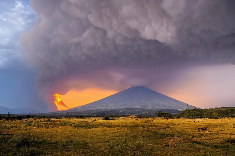 Image similar to peaceful sunny landscape with burning volcano in center and heavy thunderstorm above it by balaksas