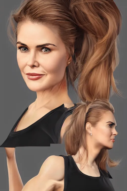 Image similar to mix of beautiful young maria shriver, mariel hemmingway, brooke shields, nicole kidman and elle macpherson as a zumba instructor, thin lips, hair tied up in a pony tail, dark blonde hair, colorful, artstation, cgsociety