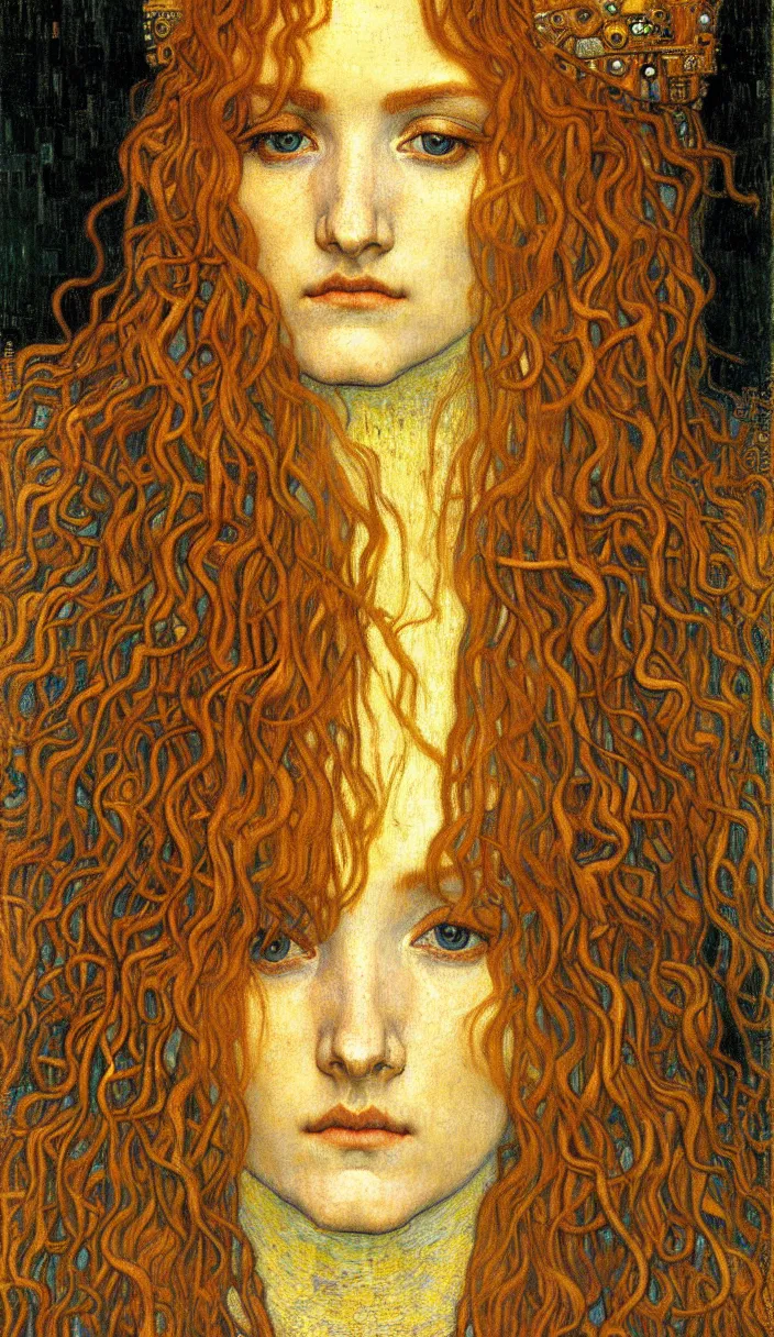 Image similar to detailed realistic beautiful young medieval queen face portrait by jean delville, gustav klimt and vincent van gogh, art nouveau, symbolist, visionary, gothic, pre - raphaelite, muted earthy colors, desaturated