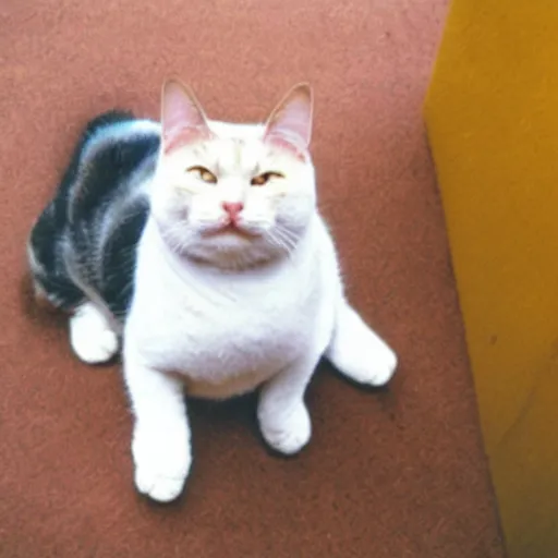 Prompt: fat cat, kodak disposable camera photo,