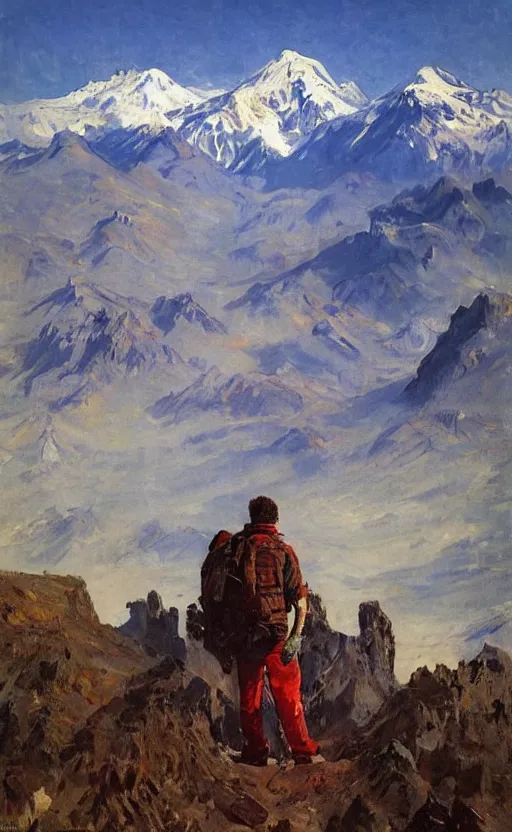 Image similar to portrait of gabriel boric with the andes mountain range in the background in a dystopic chile by john berkey and monet