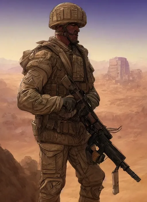 Image similar to purple lighting, detailed character concept illustration, strong muscular mature soldier in a soldier uniform, desert with city in the background, sharp focus, illustration, highly detailed, digital painting, concept art, matte, art by wlop and artgerm and greg rutkowski, masterpiece