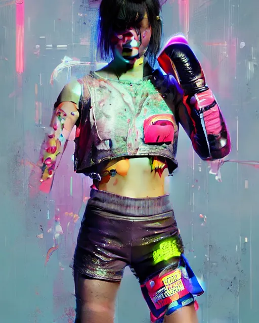 Image similar to detailed portrait Neon boxer Girl, cyberpunk futuristic neon, reflective crop top and shorts, boxing gloves, decorated with traditional Japanese ornaments by Ismail inceoglu dragan bibin hans thoma greg rutkowski Alexandros Pyromallis Nekro Rene Maritte Illustrated, Perfect face, fine details, realistic shaded, fine-face, pretty face